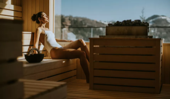 Frau mit wei&szlig;em Badeanzug sitzt in der Sauna