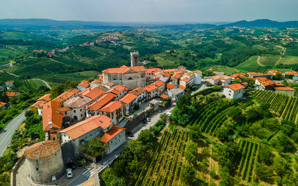 Ortsbild von &Scaron;martno und Weinberge in der slowenischen Region Gori&scaron;ka Brda
